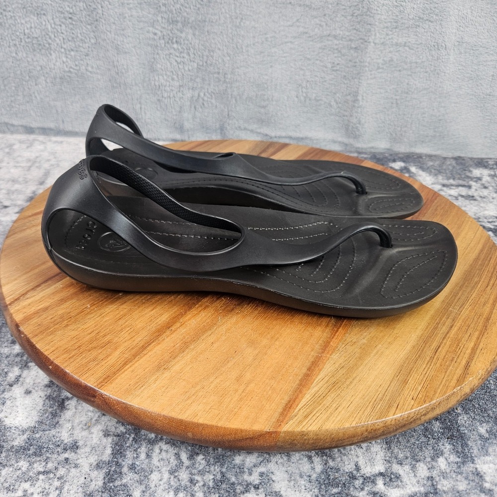 Crocs Sexi Flip Sandals Womens 7 Black T Strap Comfort Flat Thong Ankle Strap